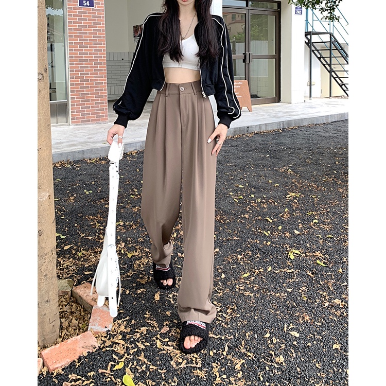 Quần Tây Ống Rộng Lưng Cao Màu Xám Thời Trang Xuân Thu Cho Nữ