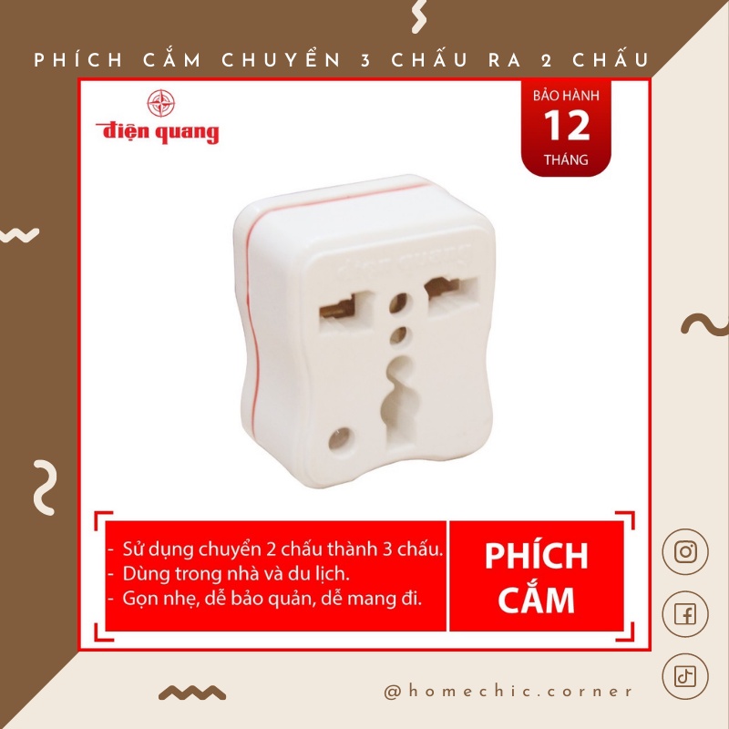 Phích cắm điện phích cắm chuyển 3 chấu ra 2 chấu Điện Quang ĐQ UA2A | HOME CHIC CORNER