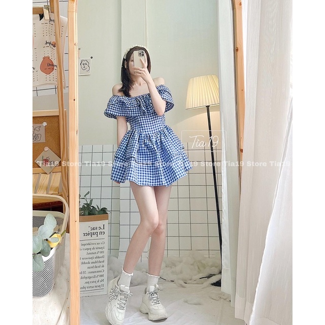 Váy kẻ caro xanh trễ vai Tia19. Đầm rớt vai ulzzang dáng xoè
