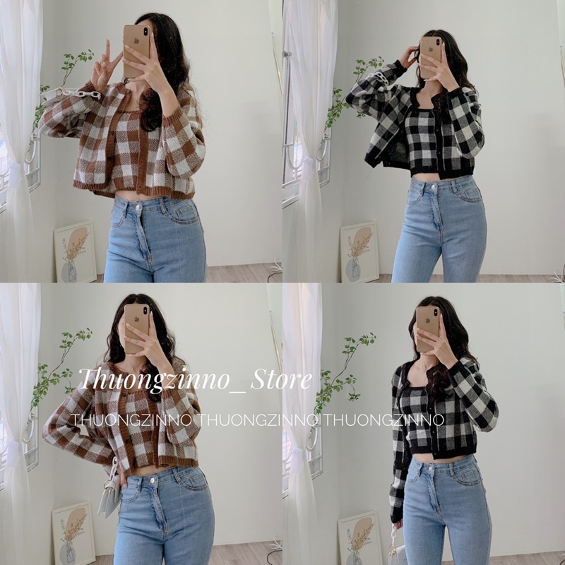 [Ảnh thật/Video]Set mongtogi kẻ caro đồ gồm áo cadigan len và áo hai dây croptop tôn dáng Set cadigan Hàn Quốc