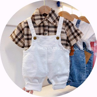 Set áo sơ mi kẻ nâu kèm yếm trắng cho bé 7-15kg