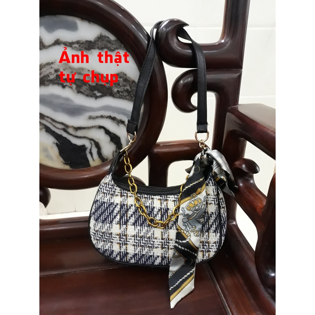 Túi xách nữ đeo vai, túi kẹp nách dạ kẻ buộc nơ dây xích trẻ trung năng động