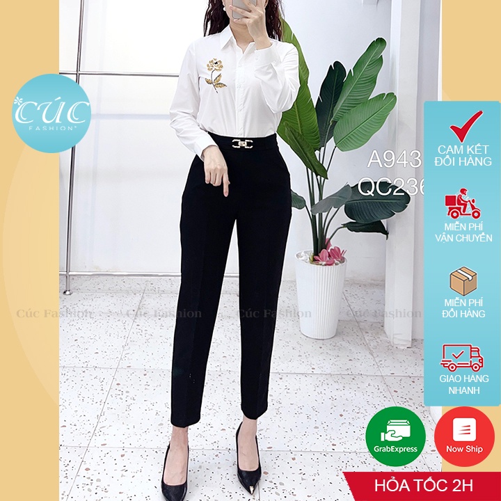 Áo sơ mi nữ CÚC FASHION somi cao cấp vải lụa đẹp thời trang công sở dễ thương trắng đi học thêu cườm dài tay A943