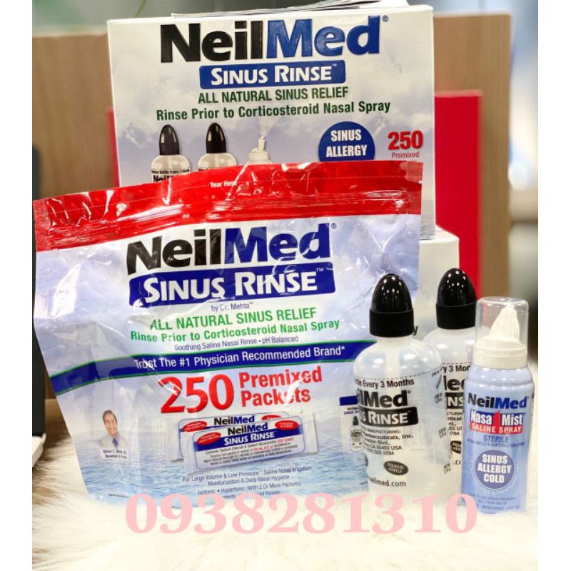 Bộ Nước Rửa Mũi NeilMed Sinus Rinse - 1 xịt & 2 Bình & 250 gói muối-Xuất xứ Mỹ