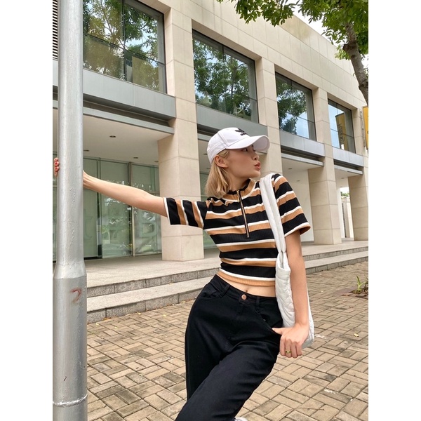 Áo croptop thun thiết kế sọc ngang khóa đồng MIEU - JMR03