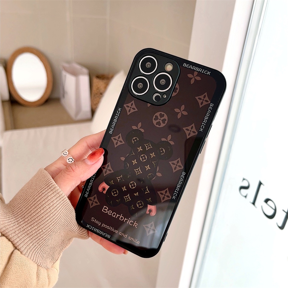 Ốp điện thoại mặt kính in họa tiết màu đen bảo vệ camera cho IPhone 13 12 11 Pro Max XS Max XR X 8 7 Plus