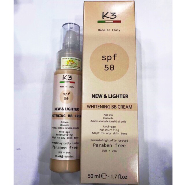 Kem trang điểm chống nắng K3 whitening BB Cream spf 50+ (hàng chính hãng ,Made in Italy)