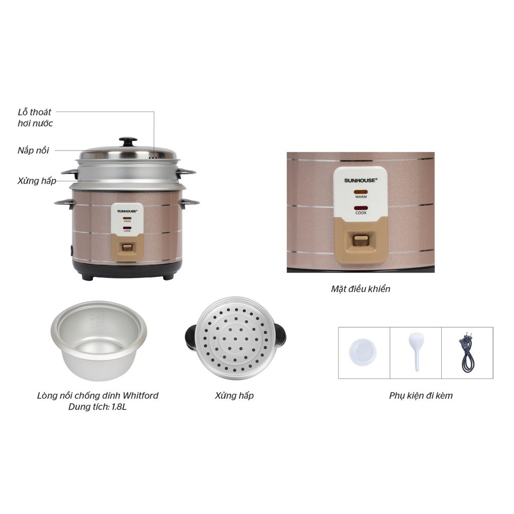 Nồi cơm điện sunhouse SHD8125, nồi cơm điện lắp rời 1,8lit | BigBuy360 - bigbuy360.vn