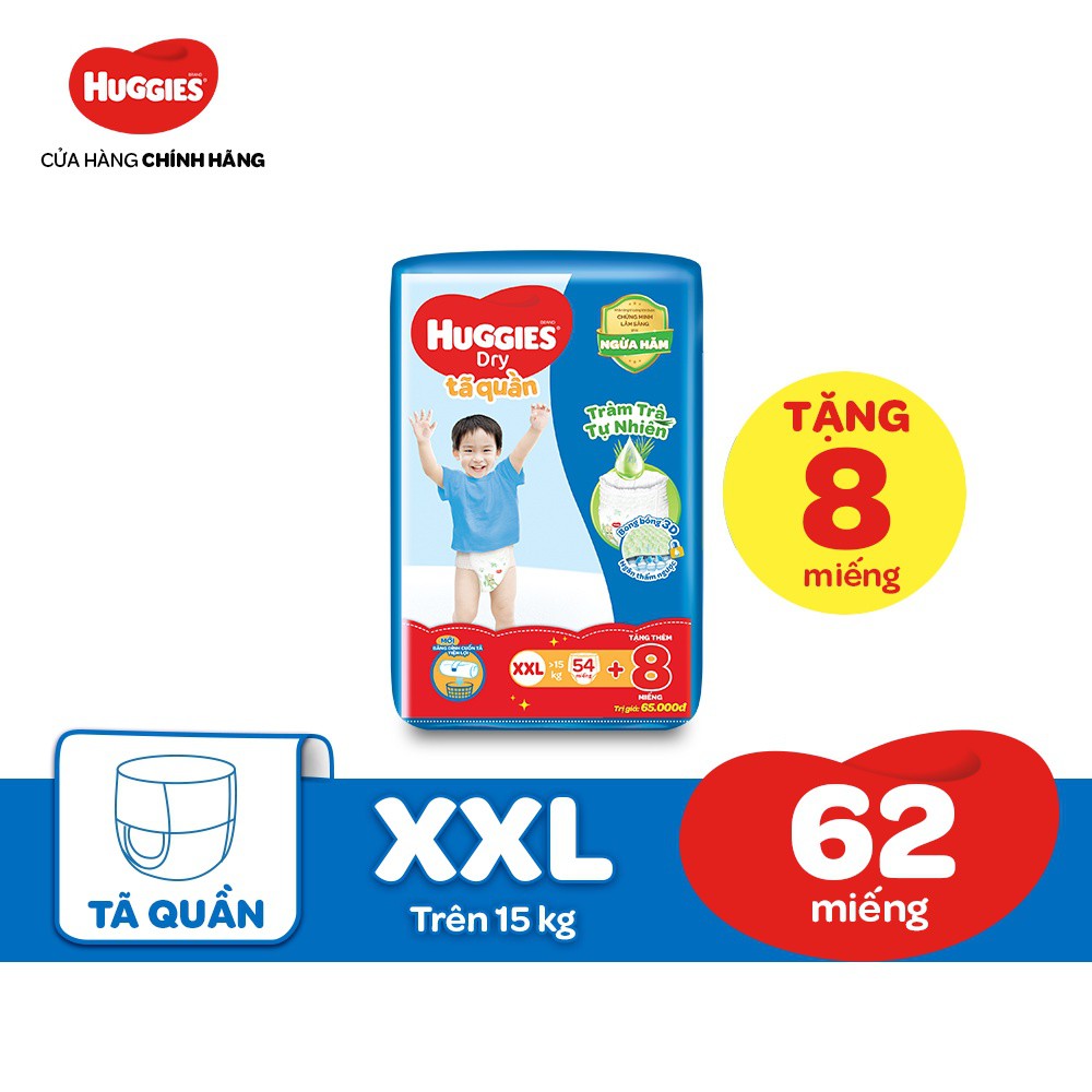 Combo 3 Tã Quần Huggies Tràm Trà Tự Nhiên Dry M76/L68/XL60/XXL54 + Tặng 8 miếng