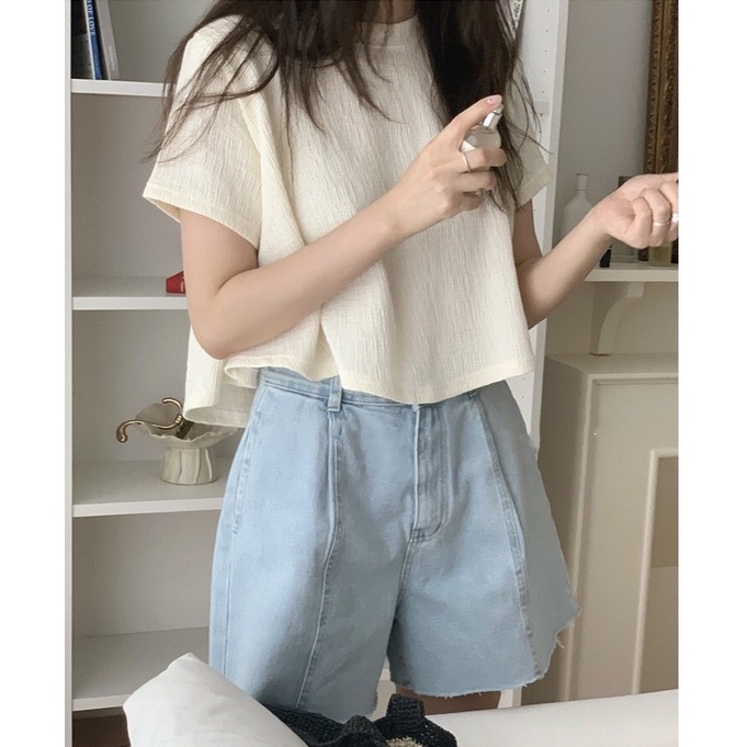 Áo Thun Tay Ngắn Cổ Tròn Màu Sắc Đơn Giản Phong Cách Hàn Quốc