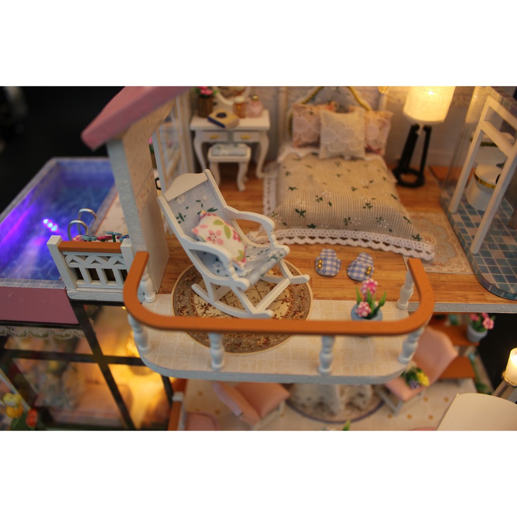 Mô hình nhà búp bê lắp ghép có Đèn Led Mẫu Tình yêu Ngọt Ngào Tặng kèm dụng cụ lắp ghép ToystationVN
