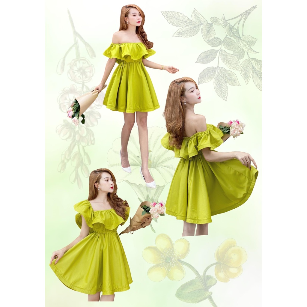 Đầm thô mềm vai tầng 2 lớp bồng bềnh Váy trễ vai xòe quấn bèo siêu xinh TR10