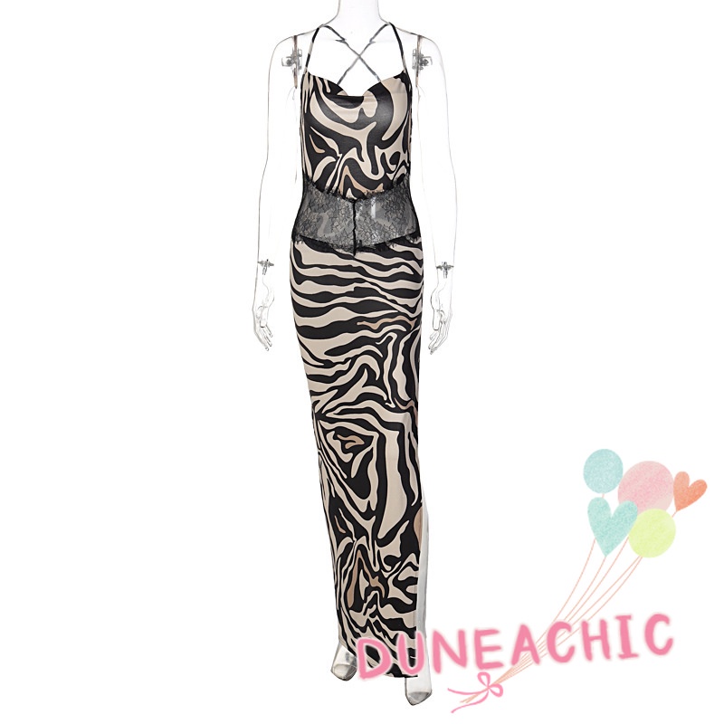 DUNEA Đầm dây kẻ sọc xẻ tà hở lưng thời trang gợi cảm cho nữ