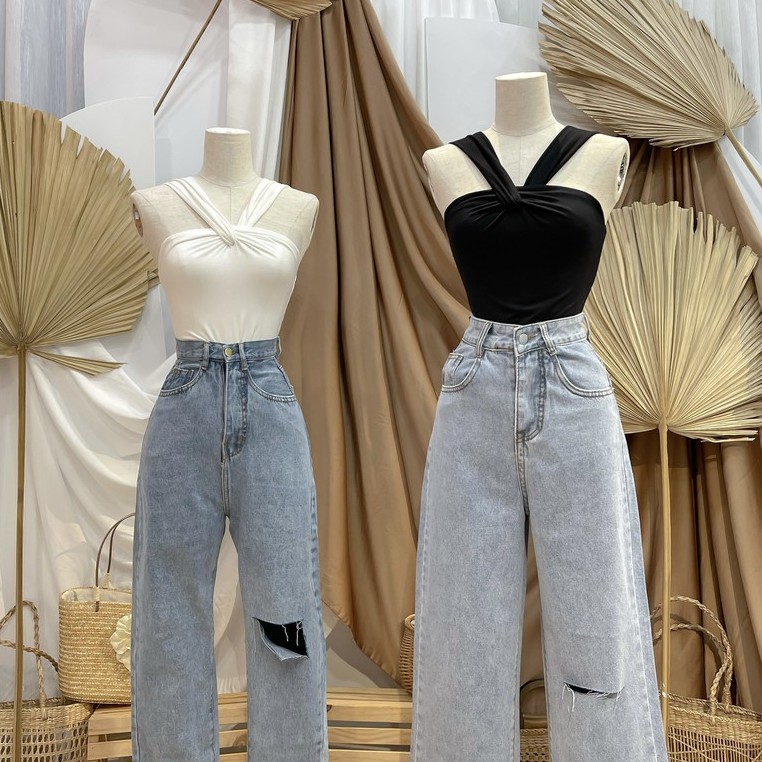 Áo thun cổ yếm xoắn chéo