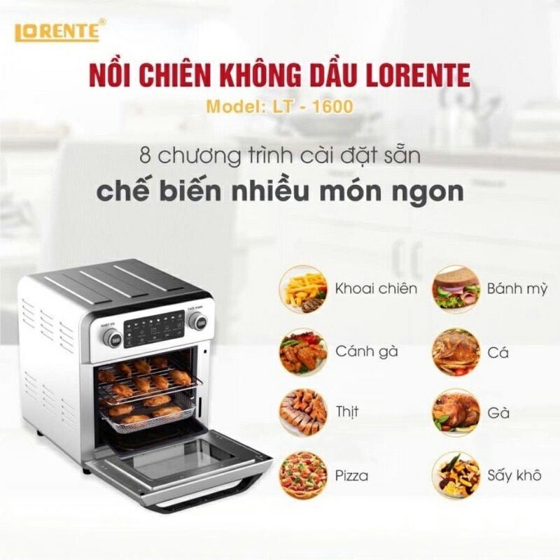 nNồi Chiên Không Dầu 16L Lorente LT 1600- Điều Khiển Cảm Ứng-8 Chế Độ Cài Đặt Sẵn