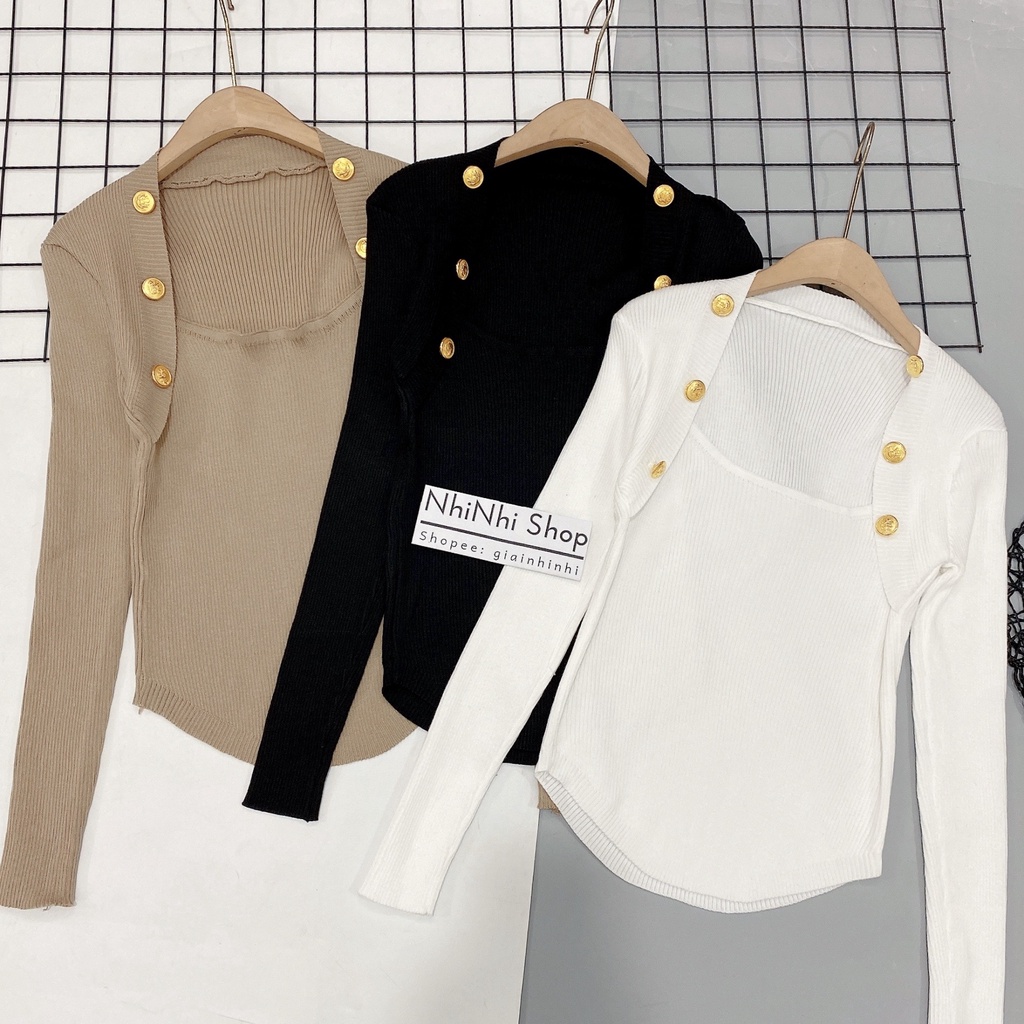 Áo len cổ vuông khuy vai, Áo kiểu dáng ôm cổ U dài tay AL1736 - NhiNhi Shop