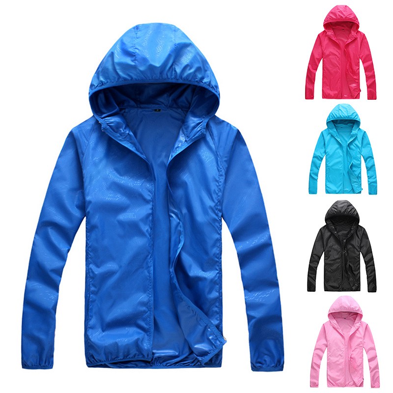 Mens Womens Hooded Rain Coat Sports Waterproof Windproof Jacket Solid Color