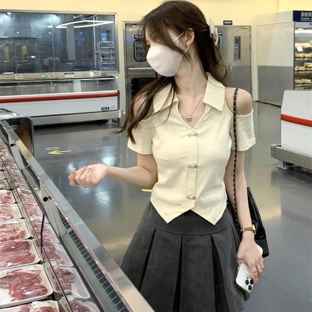 Áo Thun Tay Ngắn Cổ Chữ V Hở Vai Thời Trang Mùa Hè Phong Cách Hàn Quốc Mới