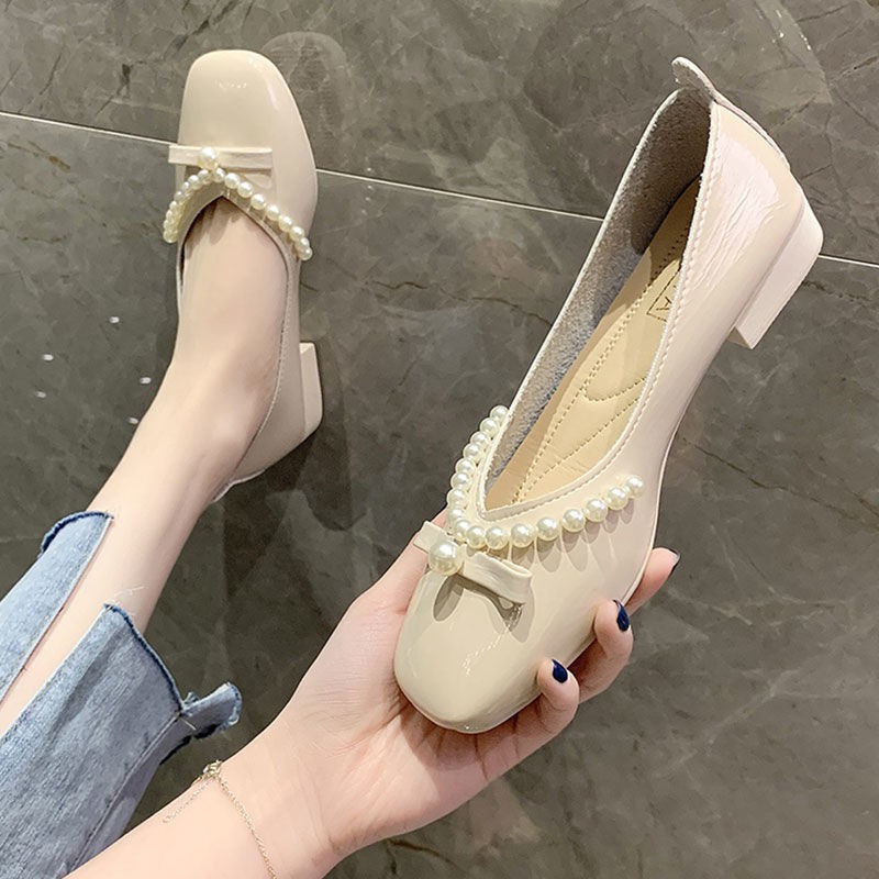 Giày búp bê gót dày cổ thấp đính ngọc trai thời trang mùa xuân cho nữ