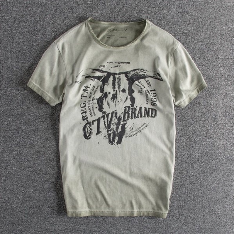 Áo thun cổ tròn wash phong cách lính