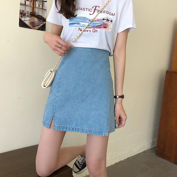 Chân váy chữ A denim màu trơn xẻ tà phong cách Hàn Quốc thời trang | BigBuy360 - bigbuy360.vn