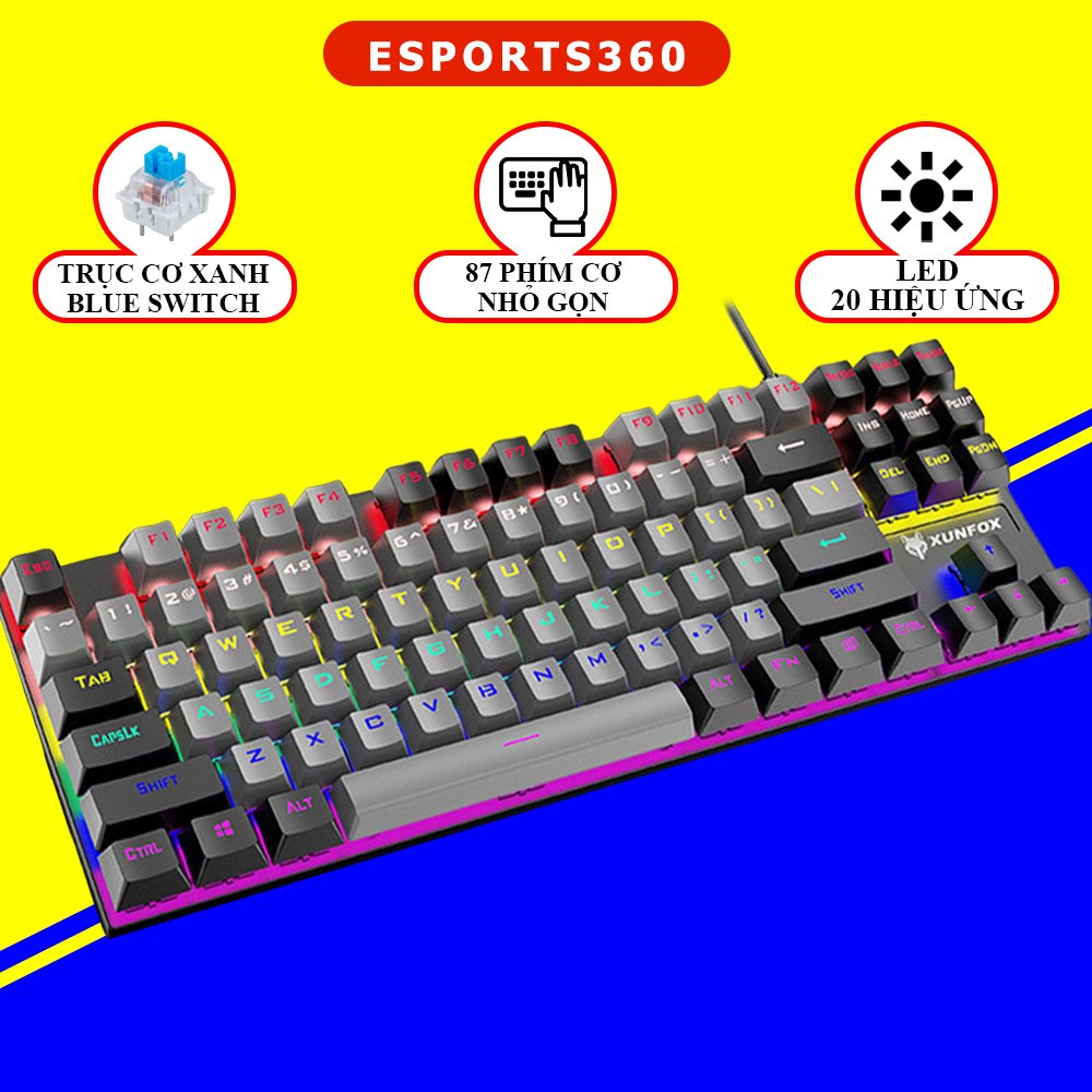 Bàn Phím Cơ Gaming Esports 87 phím Full Led K80, trục cơ xanh blue switch- Esports
