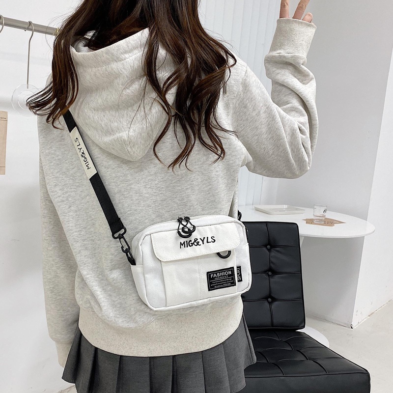 Túi Đeo Chéo Canvas Màu Trắng Đen Vàng Thời Trang Cho Nữ