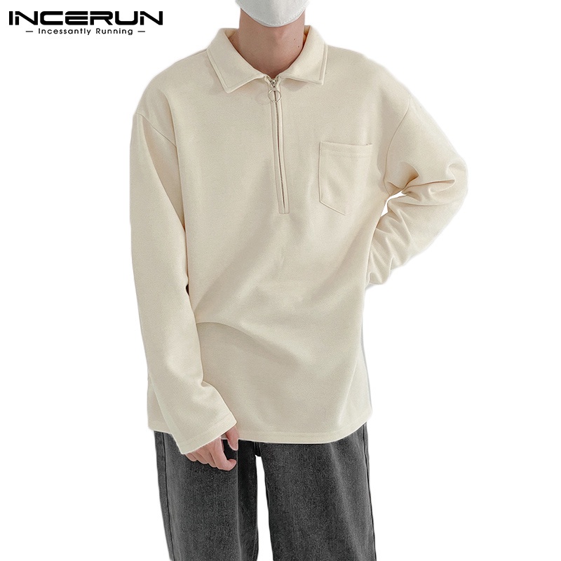 Áo nam INCERUN rộng rãi có dây kéo cổ bẻ tay dài thời trang 2 màu tùy chọn