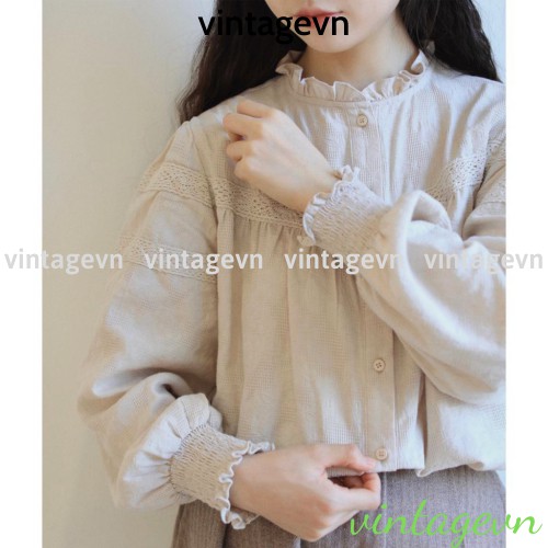 {vintagevn} áo babydoll bo tay tiểu thư ,, Áo sơ mi nữ phối màu viền bèo xinh FREESHIP 50K A,016