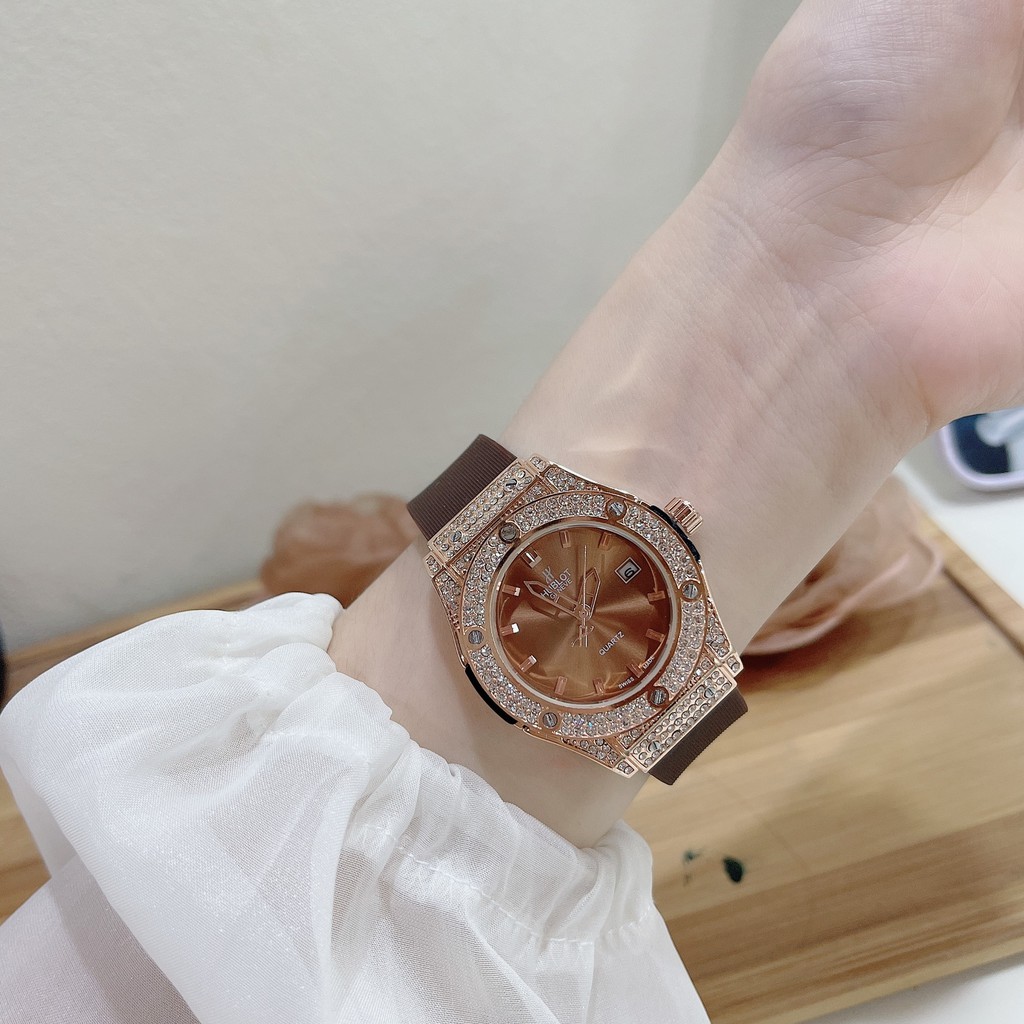 (Hublot hương vani) Đồng hồ nữ Hublot, dây silicon, hàng full box (601), thẻ bảo hành 12 tháng