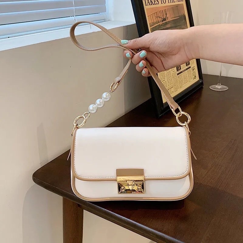 Túi xách nữ, túi đeo chéo da pu khoá bấm, dây phối 3 ngọc kiểu dáng vintage hàn quốc siêu xinh