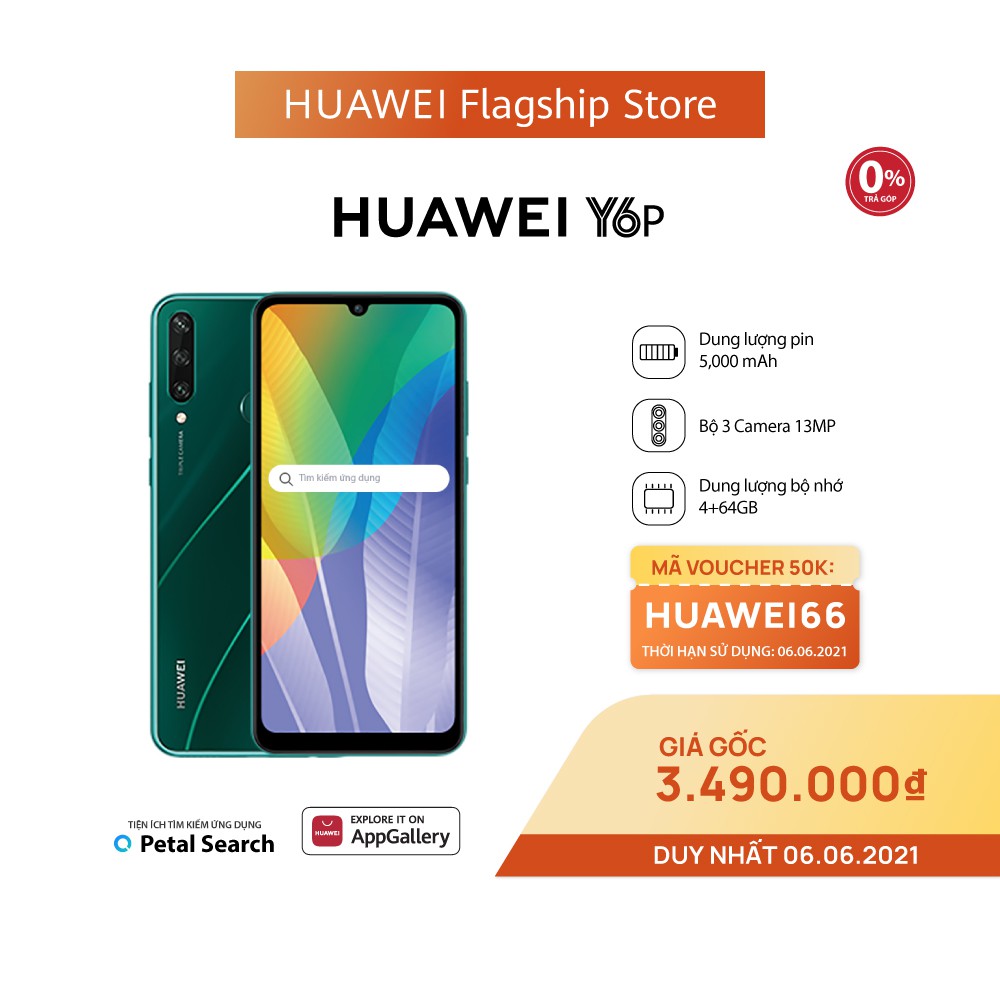 Điện thoại Huawei Y6p (4GB/64GB) | Pin 5000mAh | Bộ 3 camera sau chất lượng với ống kính góc siêu rộng