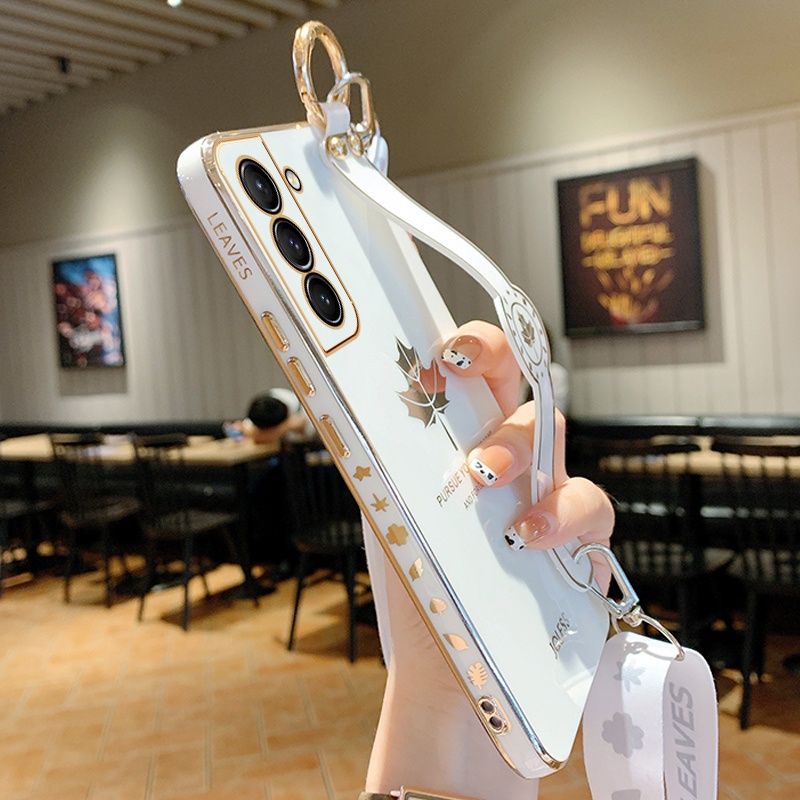 Ốp Điện Thoại Silicone Mềm Họa Tiết Lá Phong Có Dây Đeo Cho Samsung Galaxy S22 Ultra S21 S20 FE S10 Plus