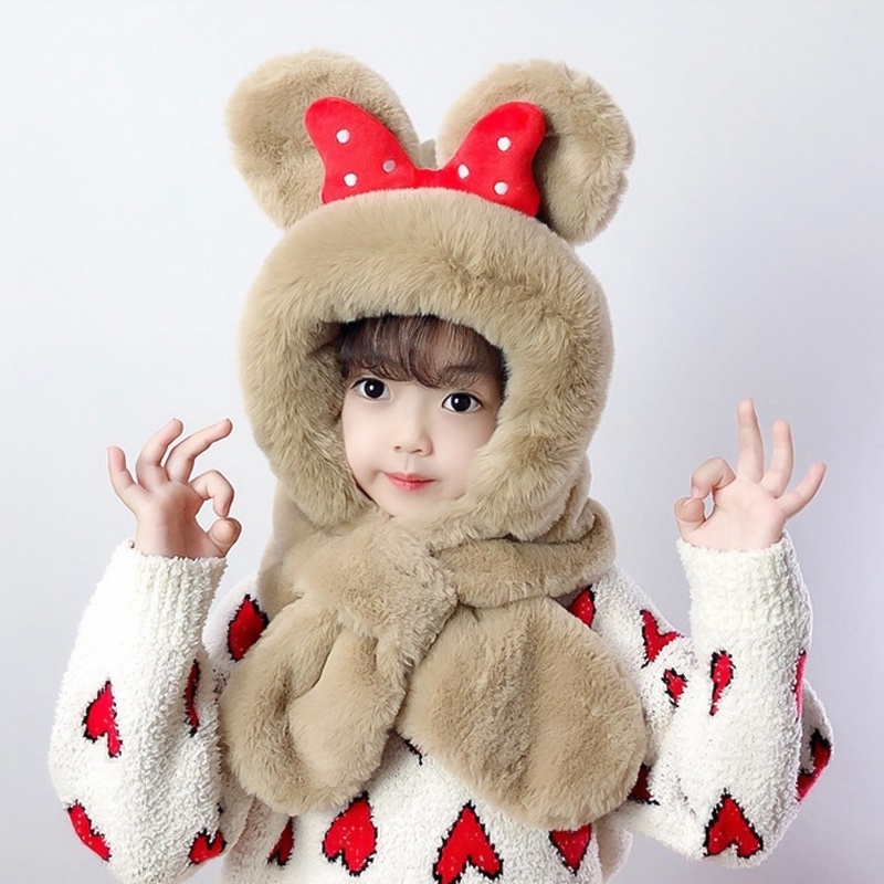 Mũ len cho bé gái trùm đầu kèm khăn nơ cực dễ thương phù hợp trẻ em 3 đến 10 tuổi ML21