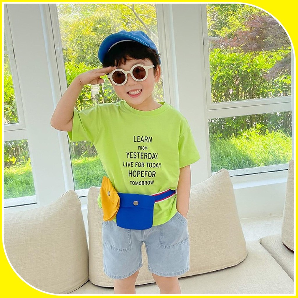 Áo phông cotton chữ xanh chuối cho bé sz 90-140, áo thun bé trai bé gái A045