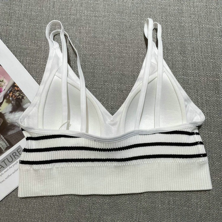 Áo Bra Sọc Ngang Trắng Đen Cổ V 4 Dây LSEOUL A2520 Chất Len Gân Dày Dặn