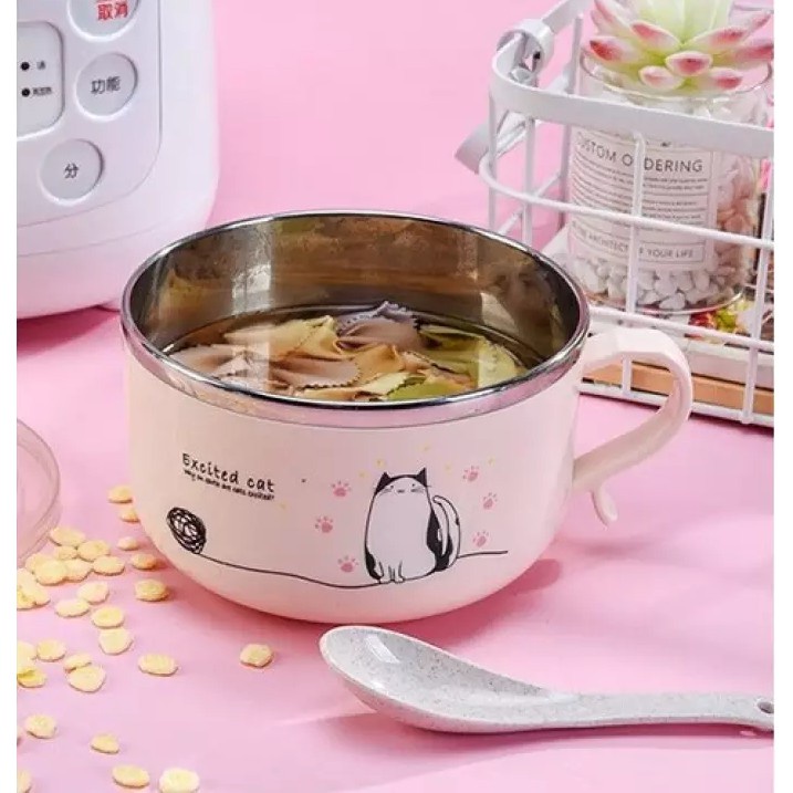 BÁT ÚP MÌ RUỘT INOX 304 KHÔNG GỈ HỌA TIẾT ĐÁNG YÊU CÓ NẮP ĐẬY TẶNG KÈM THÌA TIỆN LỢI