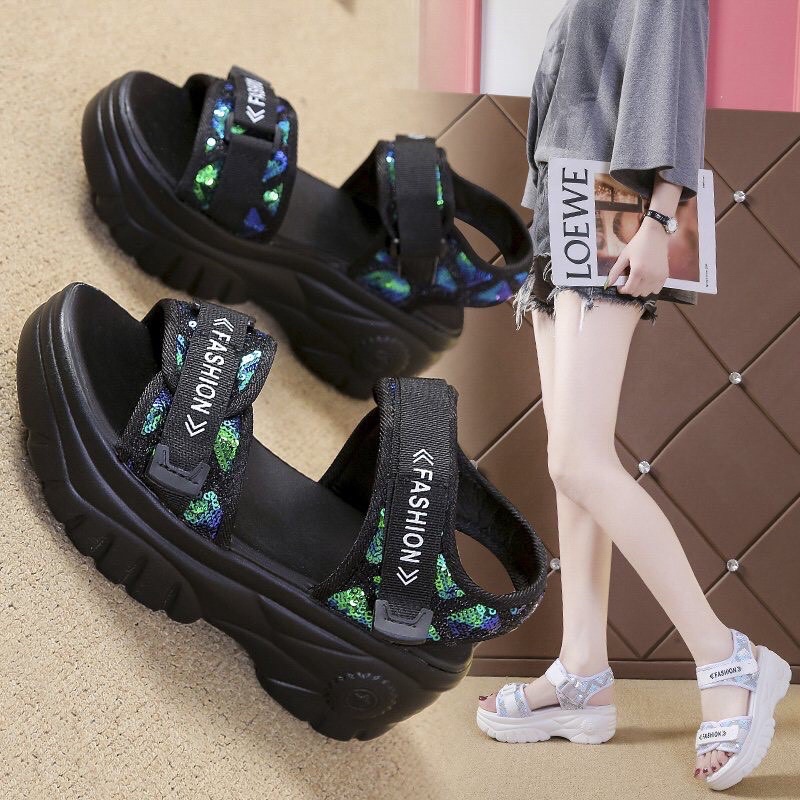 Sandal nữ độn đế kim tuyến hàng xuất sịn , dép quai hậu nữ đế cao dáng xinh