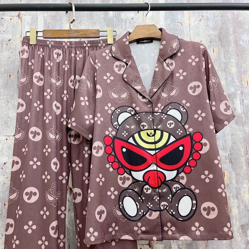 pijama lụa xước quảng châu cao cấp tay ngắn kính đỏ