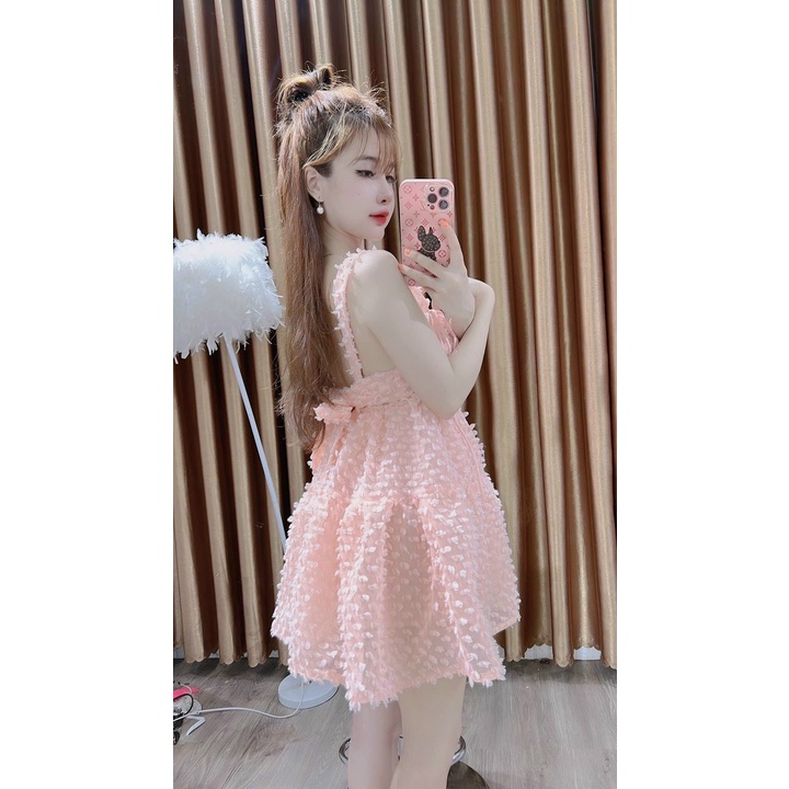 Váy đầm nữ dáng xòe voan lông vũ hai dây nơ lưng dễ thương