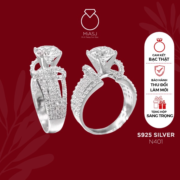 Nhẫn bạc Ý S925 nữ MiASJ 4 chấu nạm đá xoàng sang trọng N401