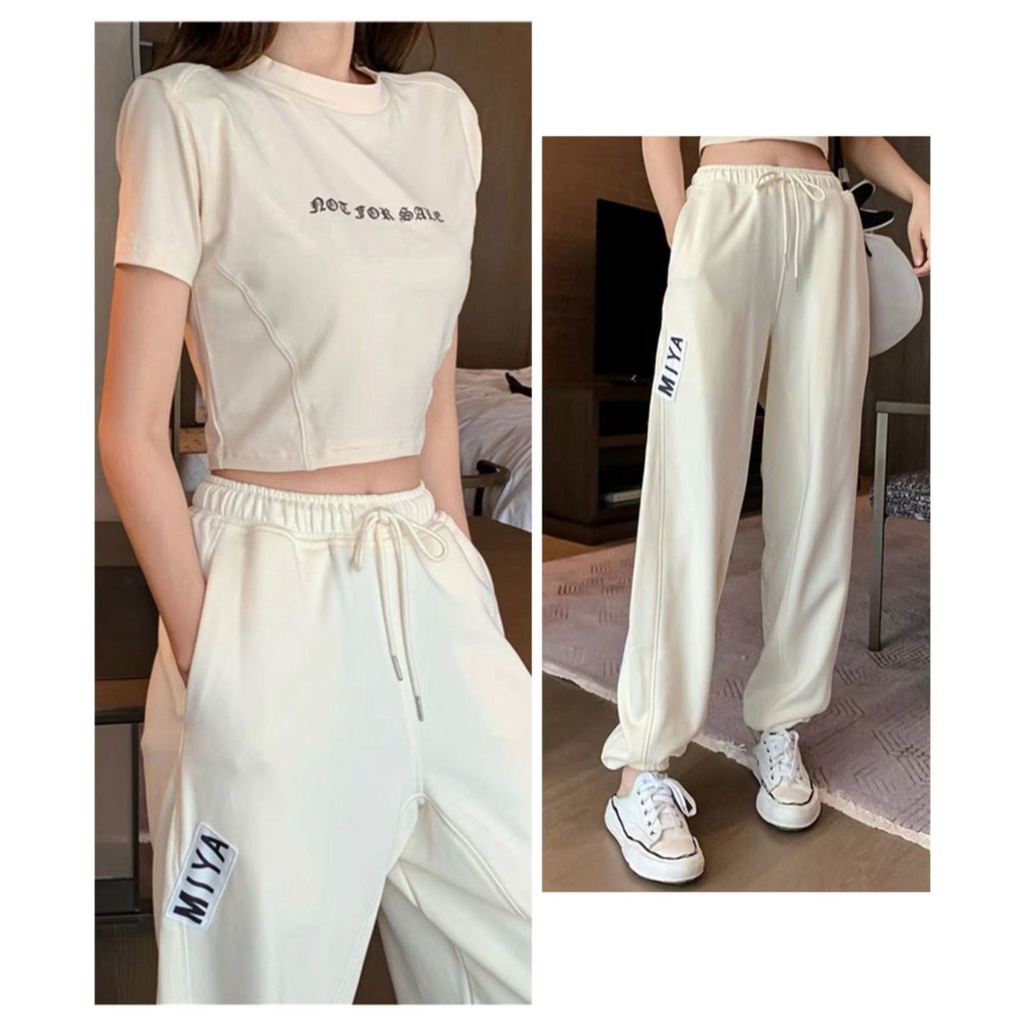 Set đồ thể thao 2 mảnh gồm áo thun ôm ngắn tay + quần dài cotton lưng cao co giãn mặc thường ngày thời trang hè cho nữ