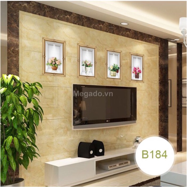 Decal dán tường 3D 4 bức tranh lọ hoa