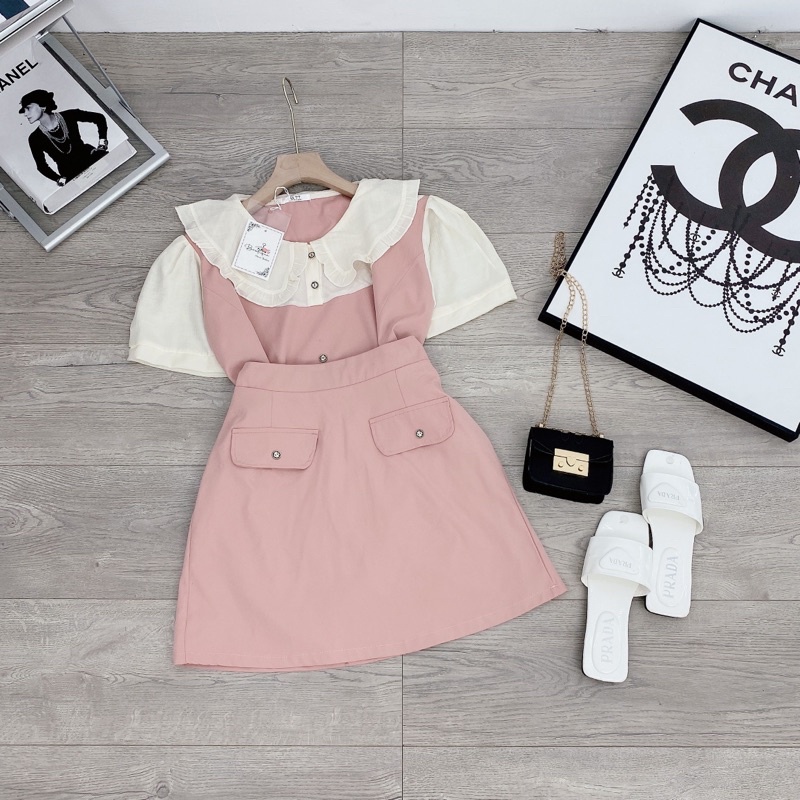 [ 𝐅𝐑𝐄𝐄 𝐒𝐇𝐈𝐏 ] SÉT ÁO PHỐI CỔ BÈO MIXX CHÂN VÁY KAKI 2 DA CHUẨN ĐẸP LUÔN Ạ