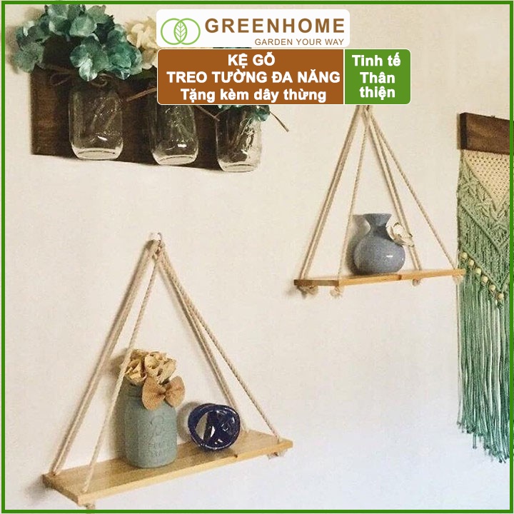 Bộ 2 Kệ gỗ treo tường, D40xR12cm, gỗ thông, tặng kèm 2m dây thừng |Greenhome