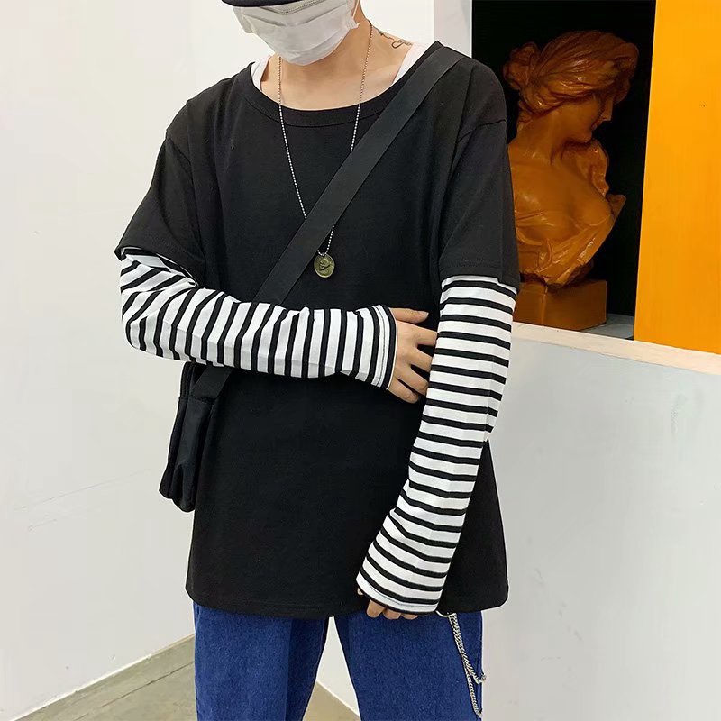 Áo Thun Dài Tay Giả Hai Lớp Form Rộng Phong Cách Hàn Quốc Dành Cho Cặp Đôi