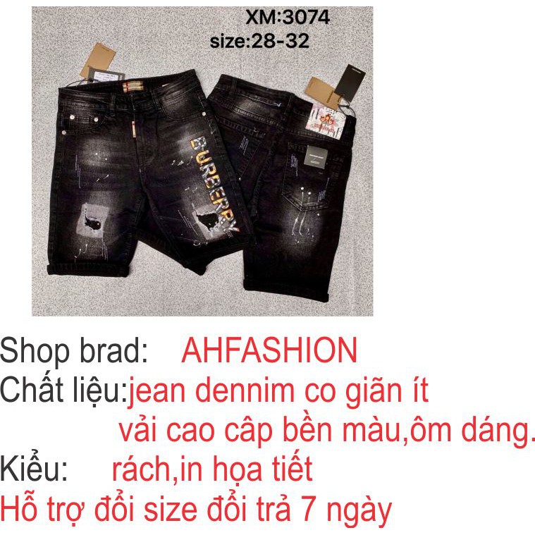 Quần short jean nam DSQ xám rách in BURBERY chất bò vải dày fỏm đẹp co dãn tốt cao cấp AHFASHION