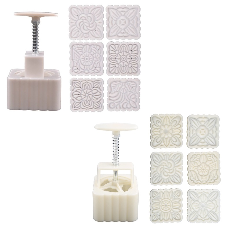 Bộ Khuôn Làm Bánh Trung Thu Hình Vuông 250g Kèm 6 Con Dấu Hình Hoa