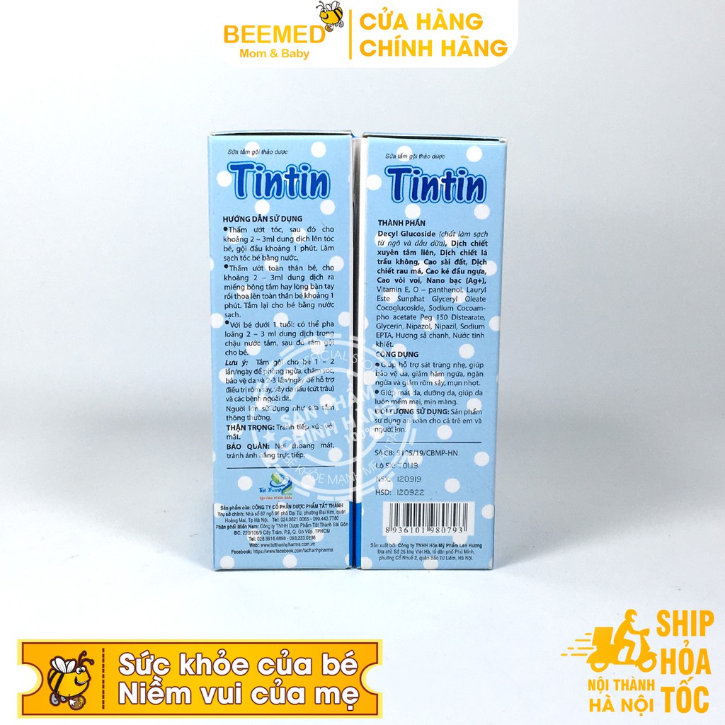 Sữa tắm gội cho bé Tintin - Chai 100ml - Không gây cay mắt, cho trẻ từ sơ sinh từ thảo dược, giảm rôm sảy, mẩn ngứa