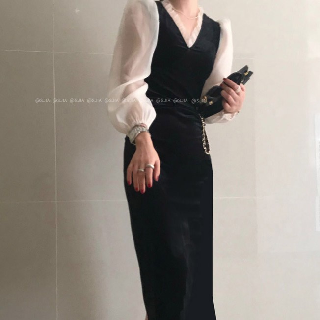 Đầm nhung cổ chữ V phong cách Hàn Quốc đáng yêu cho nữ | BigBuy360 - bigbuy360.vn